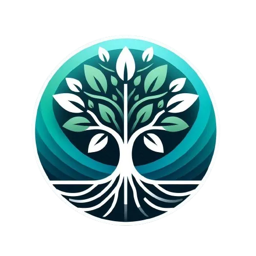 Emblema circular estilizado con un árbol de diseño simétrico. El árbol tiene raíces y ramas que se extienden formando formas que parecen hojas o llamas. La paleta de colores incluye varios tonos de verde azulado, creando un contraste con el fondo blanco.
